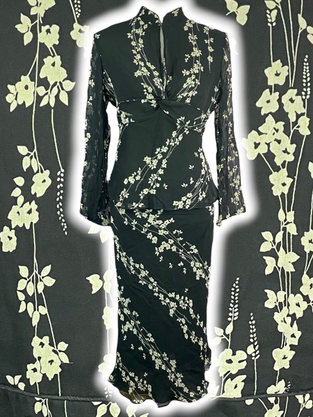 100% Silk Whimsigoth 2pc Set 10 Top Skirt Midi Crepe Boho Floral Fairy Grunge